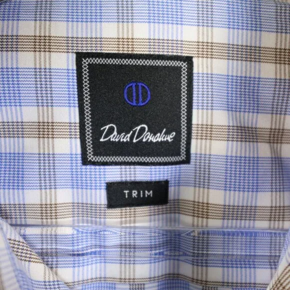 ♥️ 2+, David Donahue Men's 100% Cotton Blue Brown Check Dress Shirt 16 32/33 - Picture 5 of 7